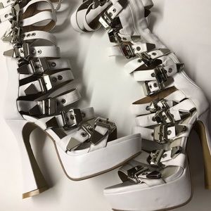 Jefferey Campbell white leather knee buckle heels